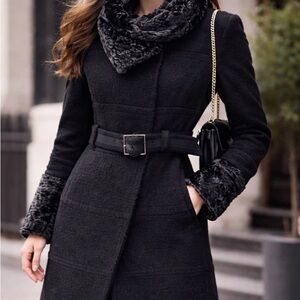 Karen Millen Black Belted Wool-Blend Coat with Faux Fur Trim